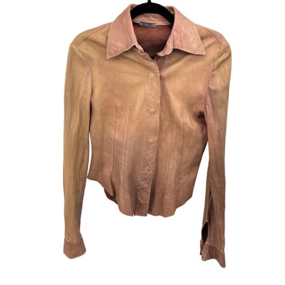 Blur‎ Women's Tan Panama Luxury Leather Button Front Jacket Size 44